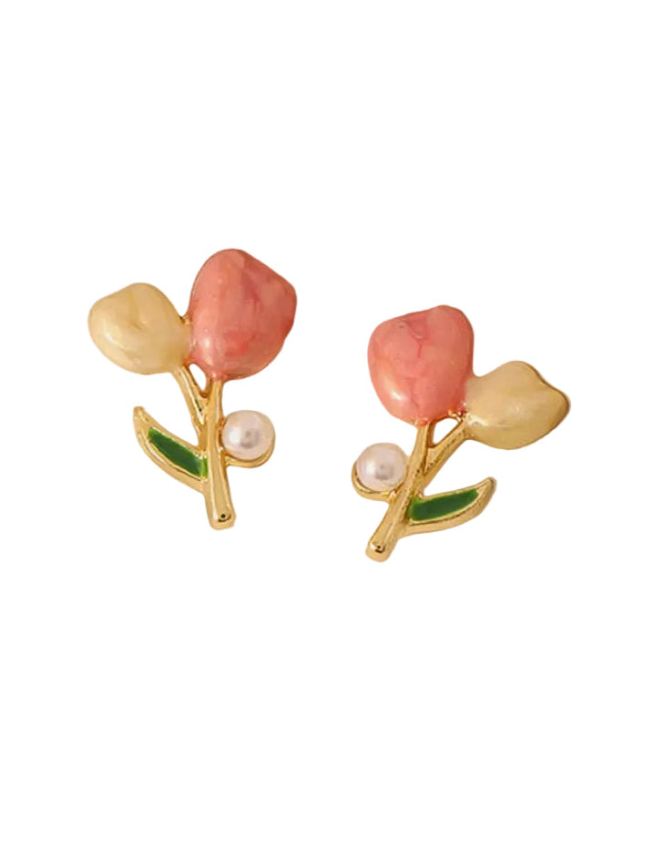 Pink Tulip Flower Pearl Stud Earrings - vintage fashion, retro style
