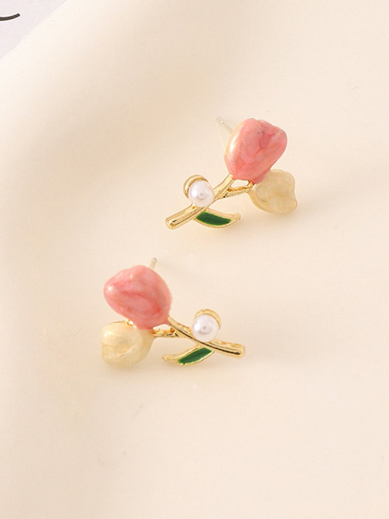 Pink Tulip Flower Pearl Stud Earrings - vintage fashion, retro style