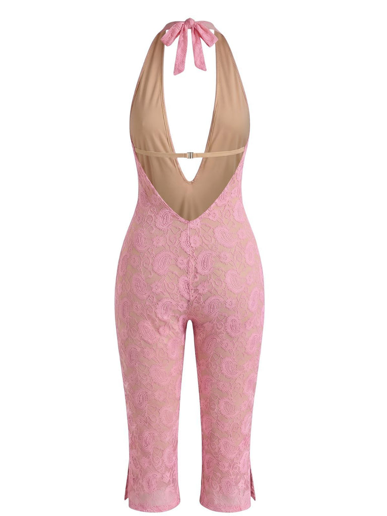 Pink Y2K Floral Lace Halter Plunging Backless Bodycon Jumpsuit, vintage romper, retro jumpsuit - perfect for women who love vintage and retro fashion