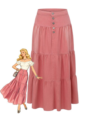 Pink tiered skirt with button details and a stylized illustration of a woman wearing it.
