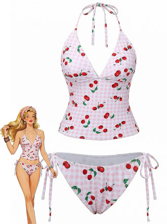 Pink bikini set with cherry pattern on a white background