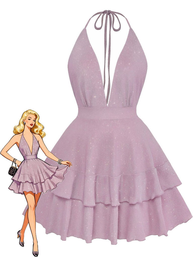 Lavender dress with ruffled layers and a woman wearing it on a white background