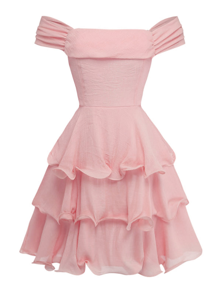 Pink off-shoulder dress with ruffled layers on a white background