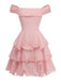 Pink off-shoulder dress with ruffled layers on a white background
