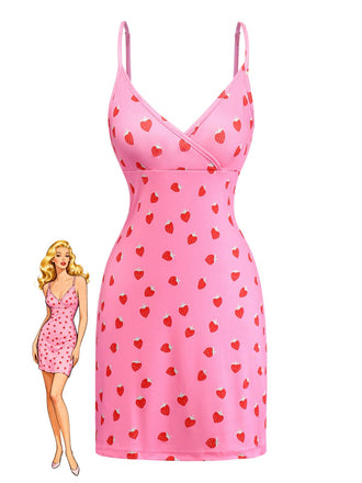 Pink slip dress with red heart pattern on a white background