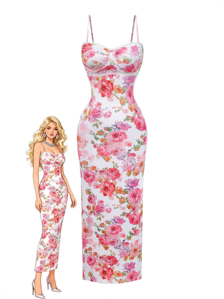 Barbie doll wearing a floral dress with a white background