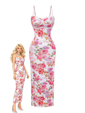 Barbie doll wearing a floral dress with a white background