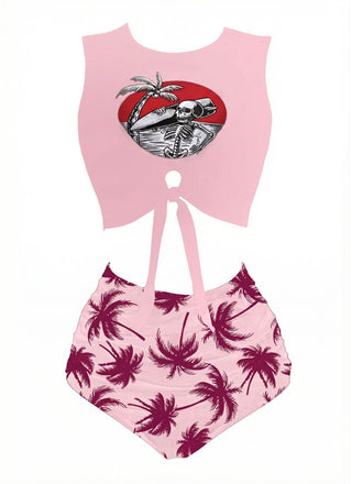 Pink swimsuit with palm tree pattern and skull design on a white background