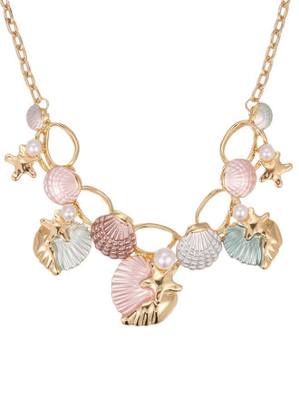 Necklace with seashell and starfish charms on a white background