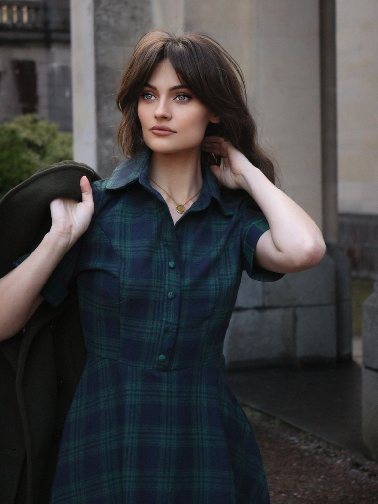 Plaids 1950s Buttoned Belted Swing Dress - vintage dress, retro fashion, rockabilly
