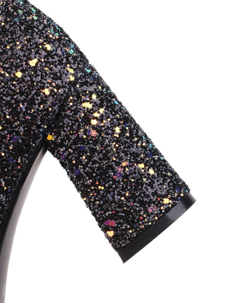 She finds her vintage story in this Point Toe Sequined Chunky Heel Ankle Boots