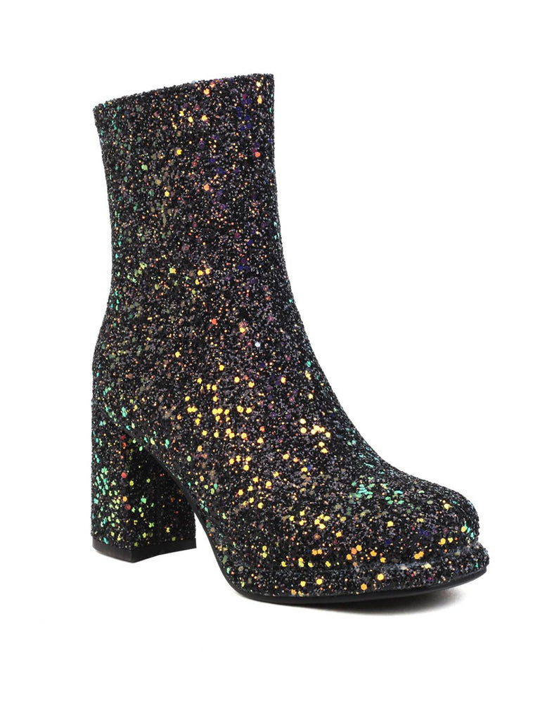 She finds her vintage story in this Point Toe Sequined Chunky Heel Ankle Boots