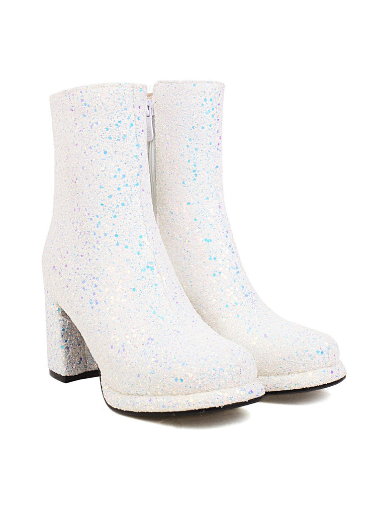 She finds her vintage story in this Point Toe Sequined Chunky Heel Ankle Boots