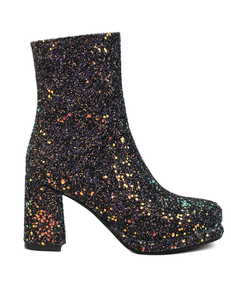 This Point Toe Sequined Chunky Heel Ankle Boots whispers vintage secrets to those who notice