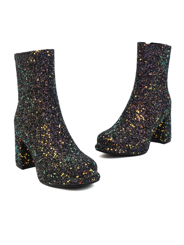 Point Toe Sequined Chunky Heel Ankle Boots — vintage style that transcends decades