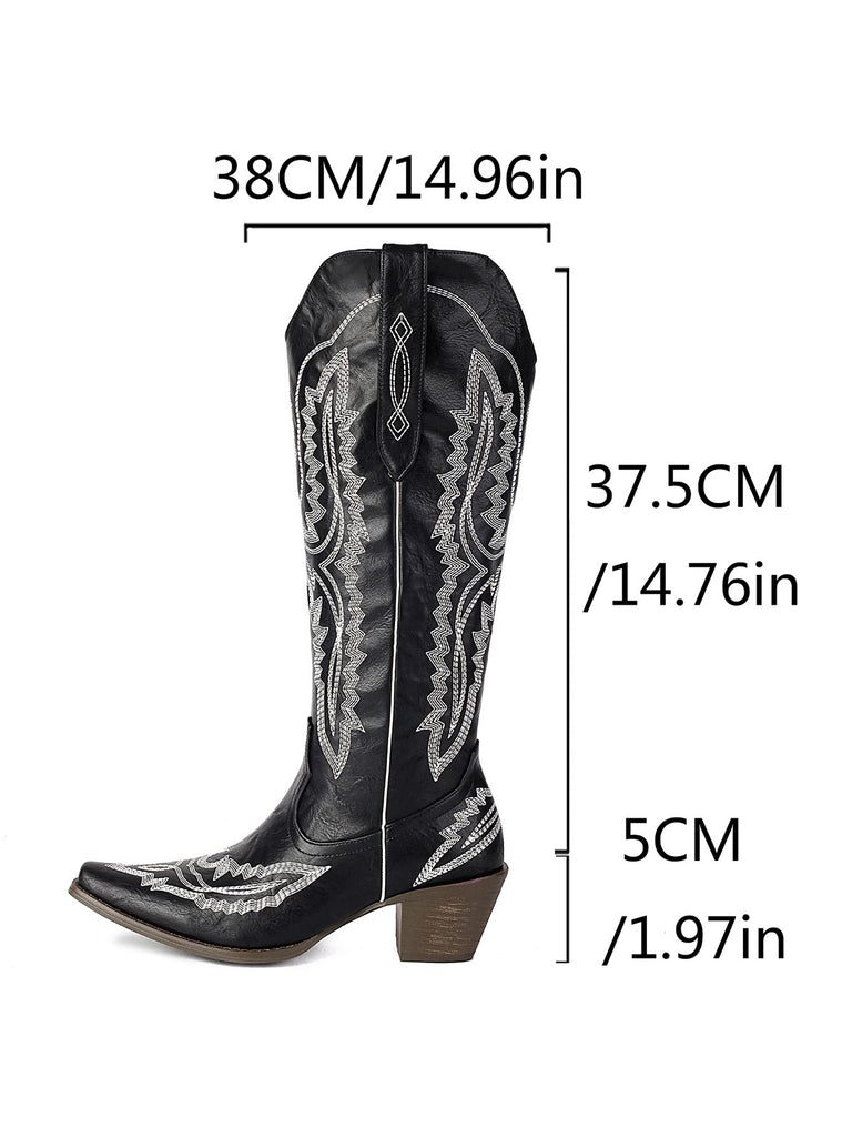 Pointed Embroidered Cowboy Knee-High Boots — vinta