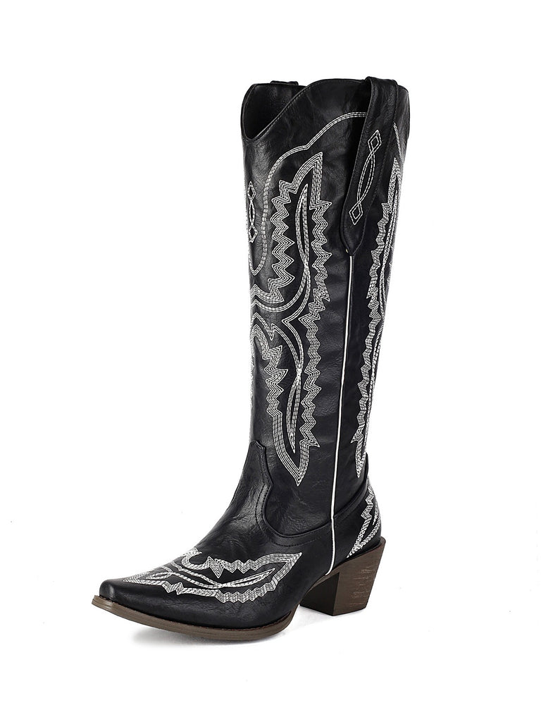 Pointed Embroidered Cowboy Knee-High Boots — vinta