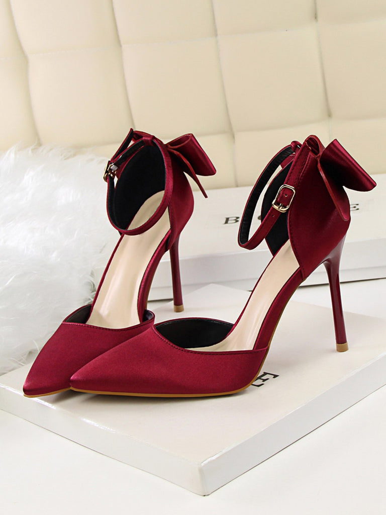 She finds her vintage story in this Pointed Toe Bow Strap Satin High Heels Shoes