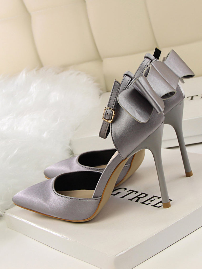 She finds her vintage story in this Pointed Toe Bow Strap Satin High Heels Shoes
