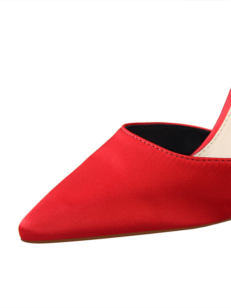 She finds her vintage story in this Pointed Toe Bow Strap Satin High Heels Shoes