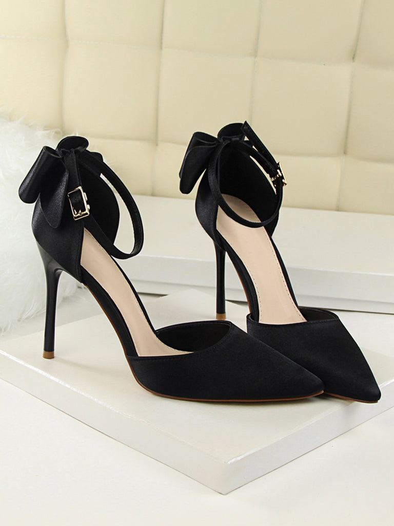Pointed Toe Bow Strap Satin High Heels Shoes — vintage vintage charm for her modern wardrobe