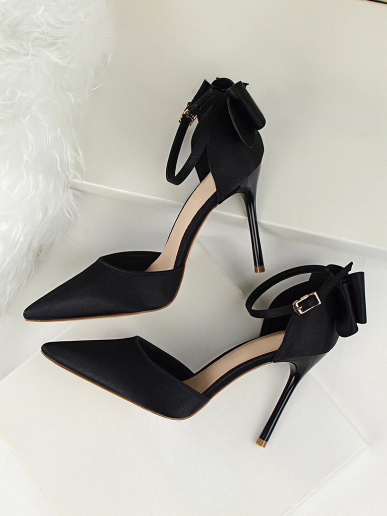 She finds her vintage story in this Pointed Toe Bow Strap Satin High Heels Shoes