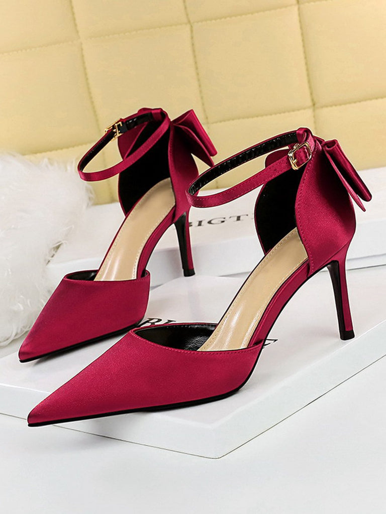 She finds her vintage story in this Pointed Toe Bow Strap Satin High Heels Shoes