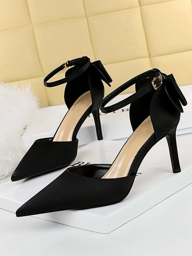 Pointed Toe Bow Strap Satin High Heels Shoes — vintage style that transcends decades
