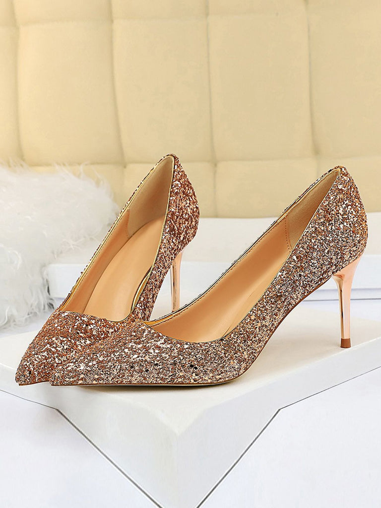 This Pointed Toe Sequins Glitter High Heels Shoes whispers vintage secrets to those who notice