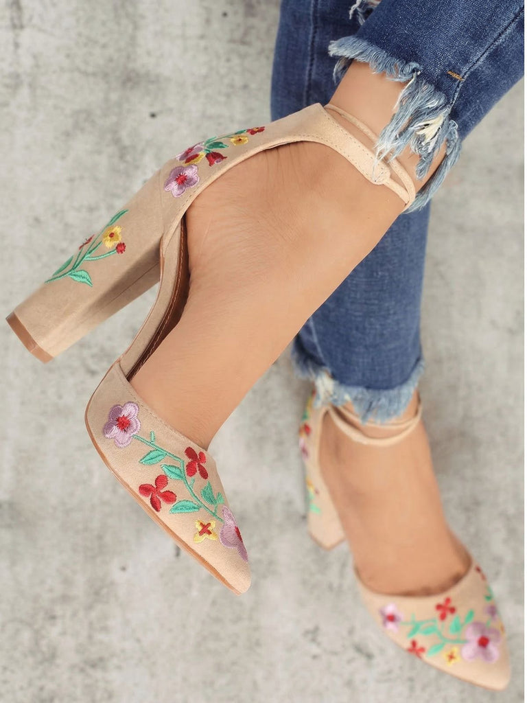 Pointed-Toe Embroidered Suede Chunky Heel Shoes - vintage shoes, retro heels, elegant red