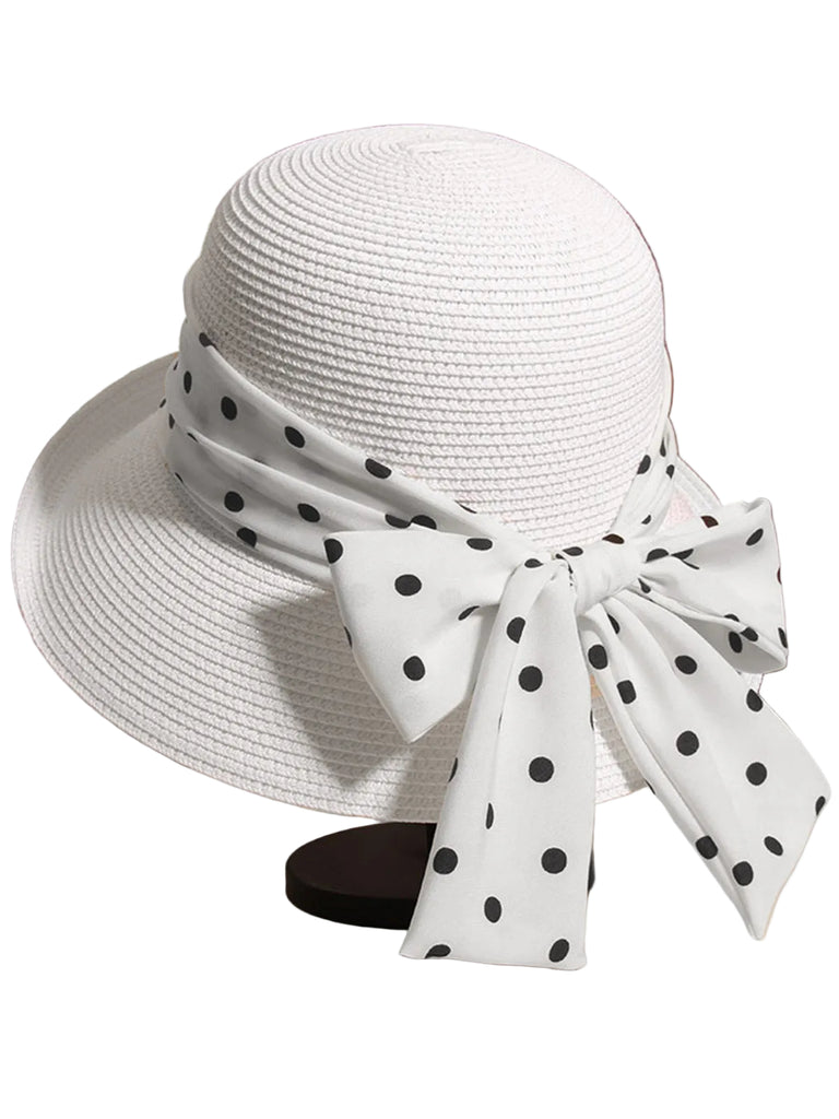 Polka Dot Ribbon Bow Tie Straw Hat - vintage fashion, retro style