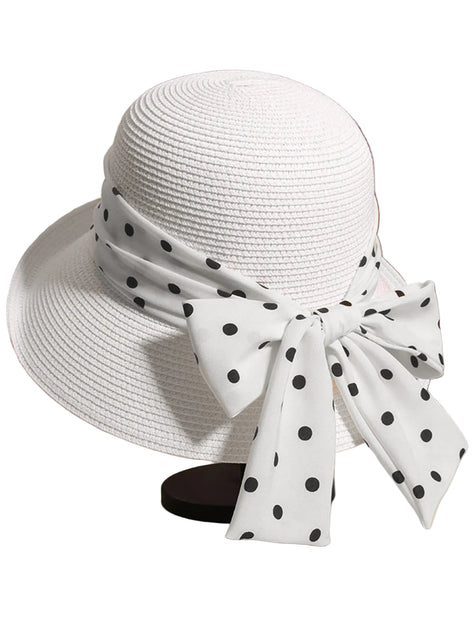 Polka Dot Ribbon Bow Tie Straw Hat | Retro Stage display picture 1