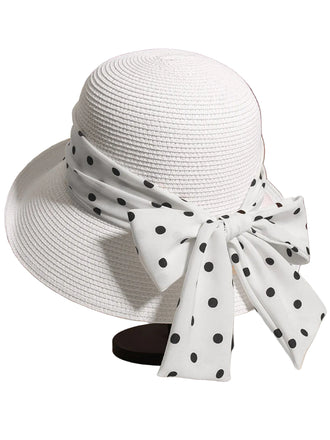 Polka Dot Ribbon Bow Tie Straw Hat - vintage fashion, retro style