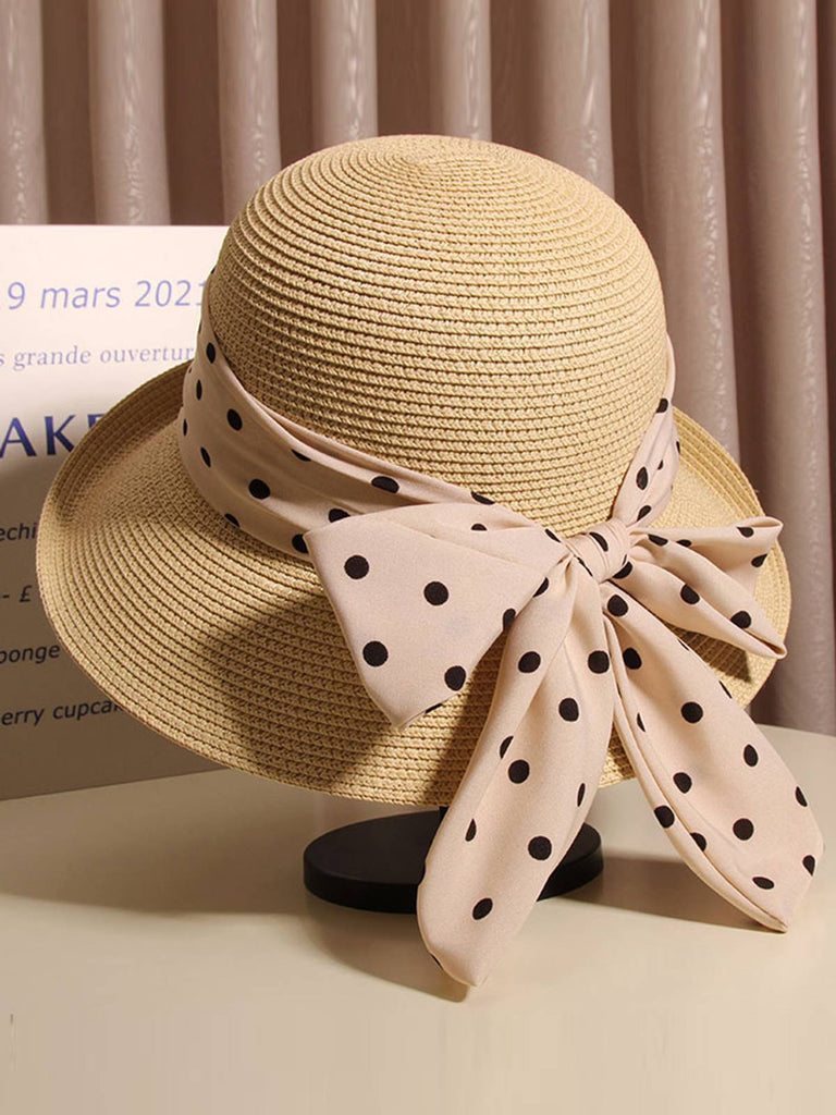 Polka Dot Ribbon Bow Tie Straw Hat - vintage fashion, retro style