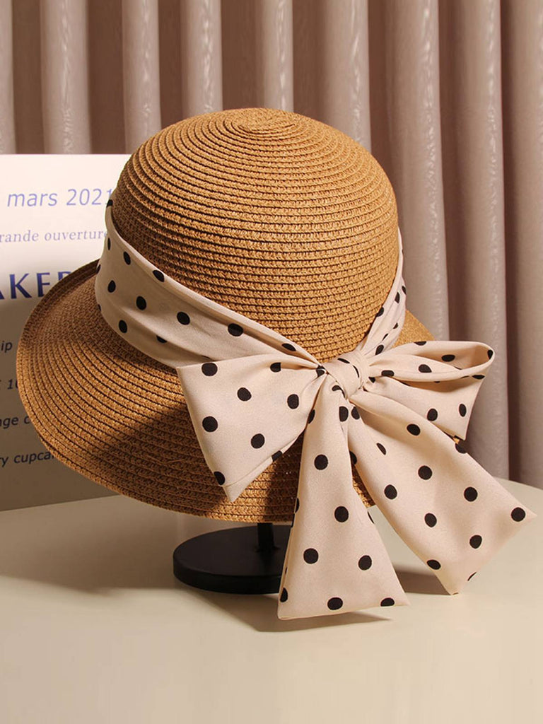 Polka Dot Ribbon Bow Tie Straw Hat - vintage fashion, retro style