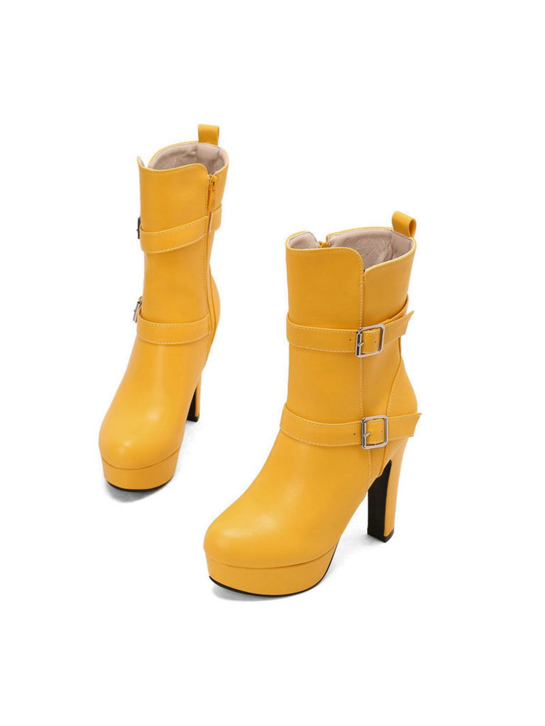 Pu Leather Round Toe Wedge Heel Mid-Calf Boots - vintage shoes, retro heels