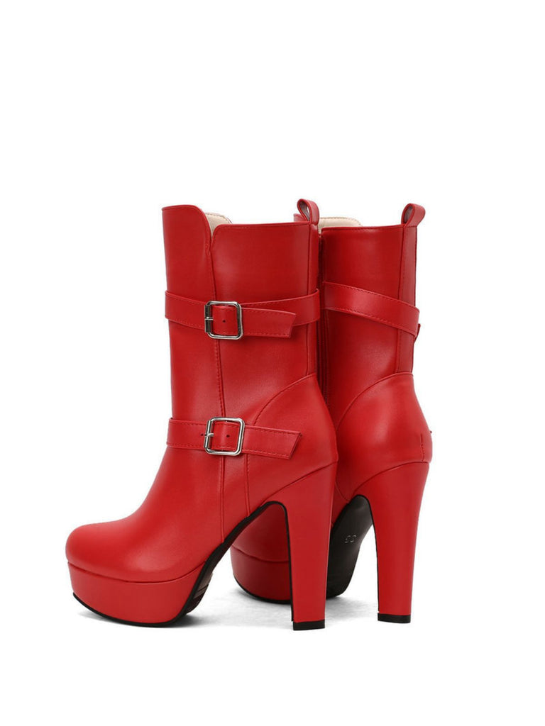 Pu Leather Round Toe Wedge Heel Mid-Calf Boots - vintage shoes, retro heels