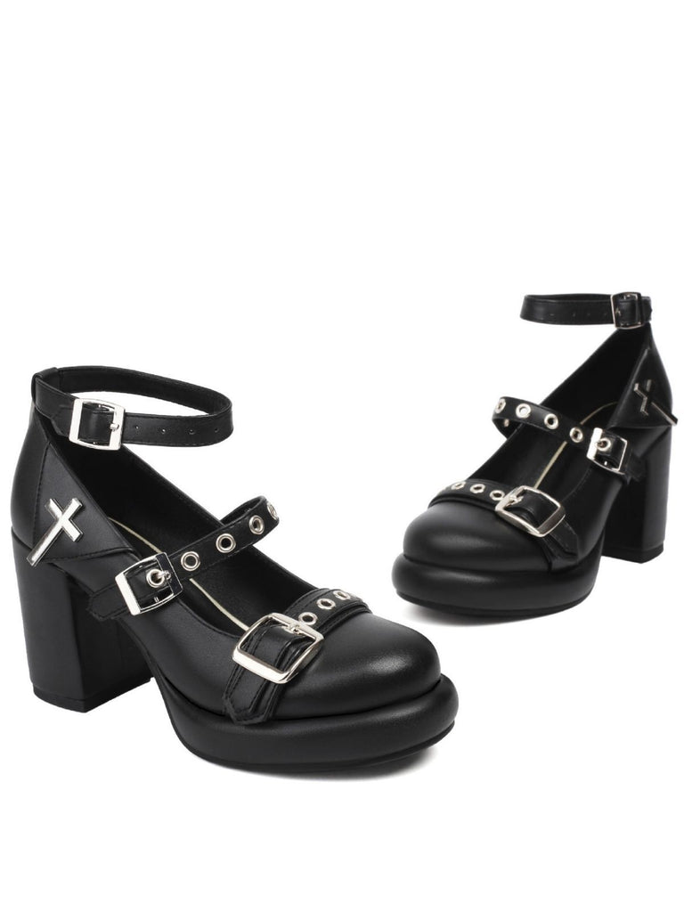 Punk Cross Buckle Ankle Strap Chunky High Heels - vintage shoes, retro heels