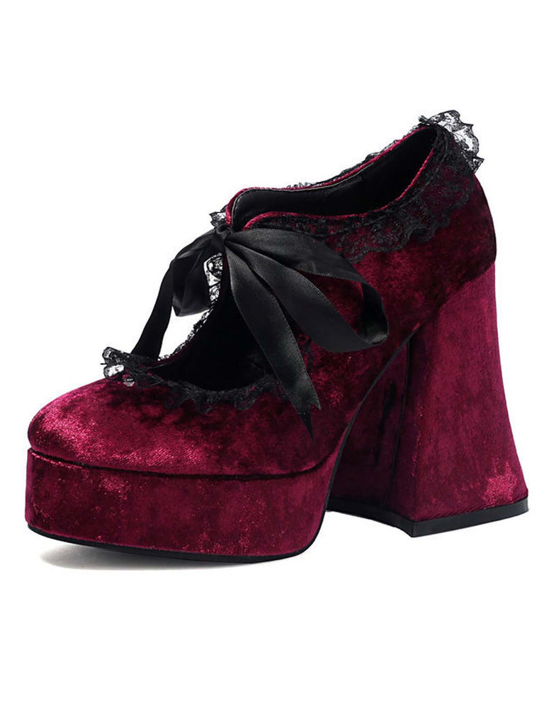 Punk Velvet Lace Bow Chunky Heels - vintage shoes, retro heels