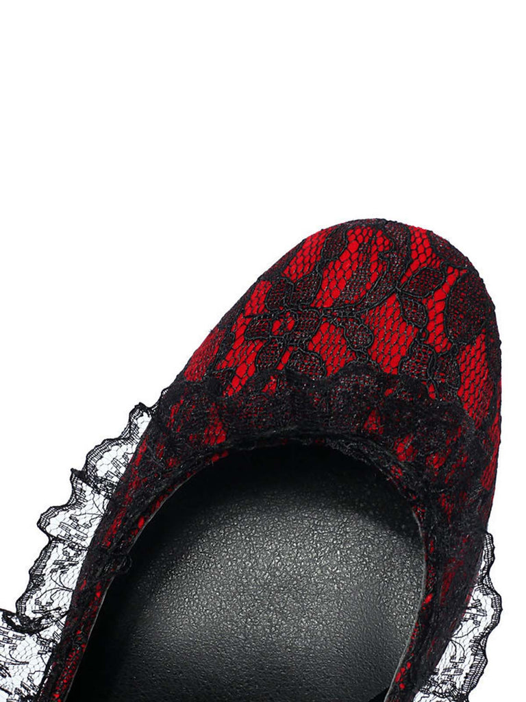 Punk Velvet Lace Bow Chunky Heels - vintage shoes, retro heels