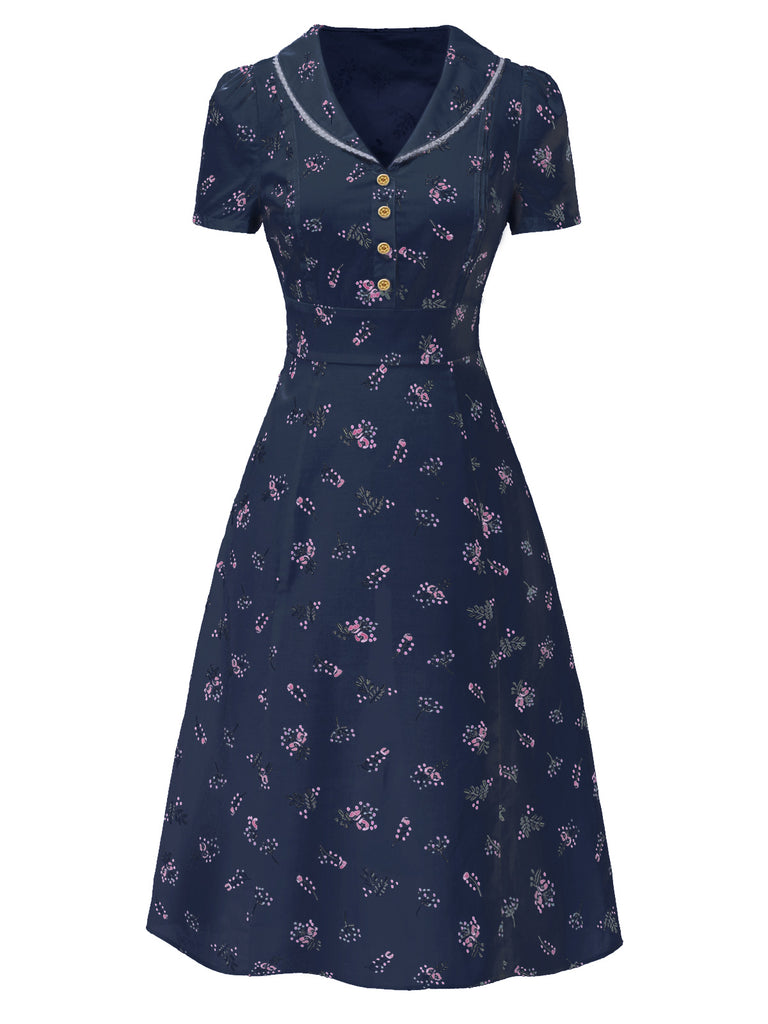 Retro Stage Floral Puff Sleeves Lapel Midi Dress | 100% Cotton | Blue Retro Stage Floral Puff Sleeves Lapel Midi Dress | 100% Cotton | Blue