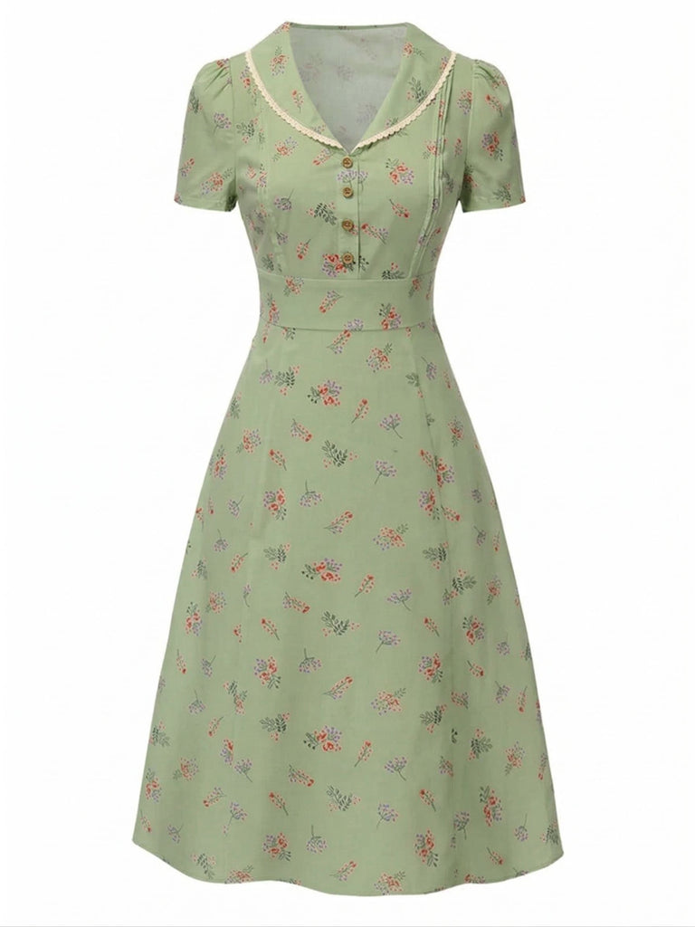 Retro Stage Floral Puff Sleeves Lapel Midi Dress | 100% Cotton
