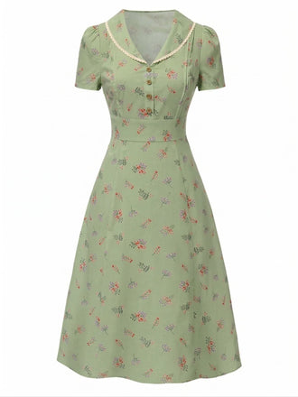 [Pre-Sale] Pure Cotton Green 1940s Puff Sleeves Floral Dress, vintage dress, retro fashion, floral print - perfect for women who love vintage and retro fashion