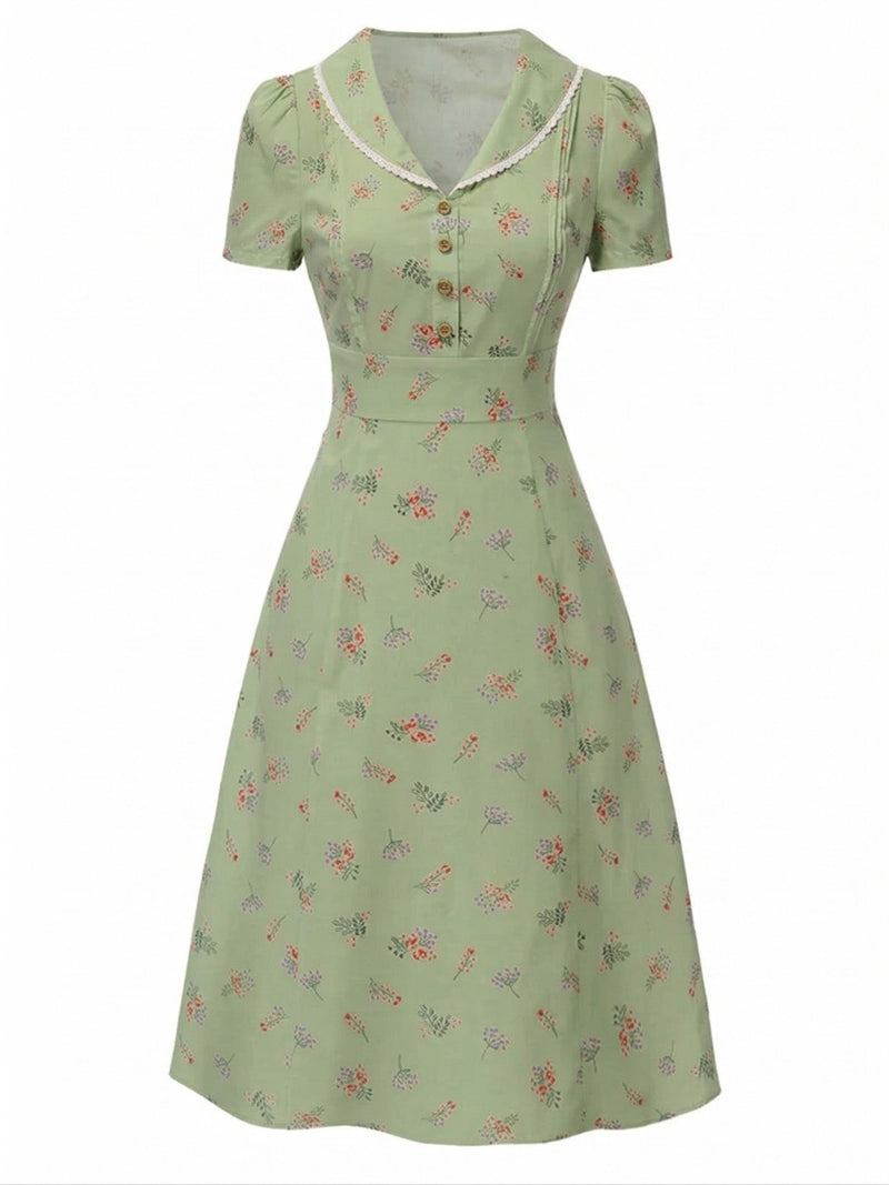 Green 1940s Puff Sleeves Floral Dress