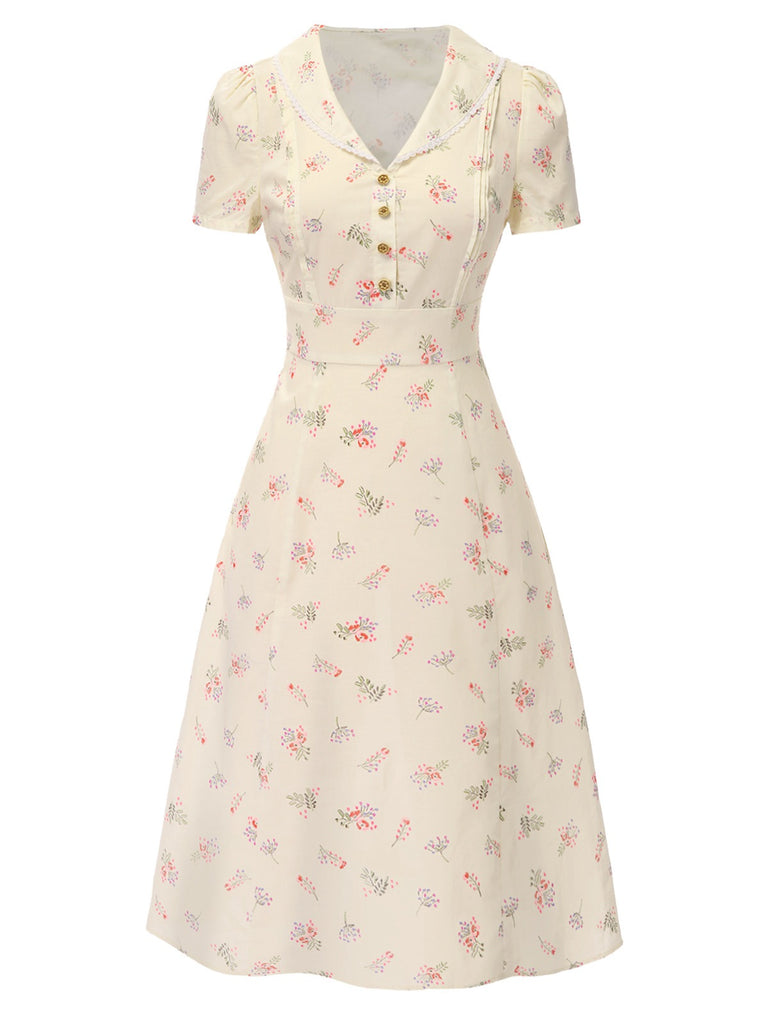 Vintage Dress for Women Floral Lapel Daily Casual Dress in Beige Vintage Dress for Women Floral Lapel Daily Casual Dress in Beige