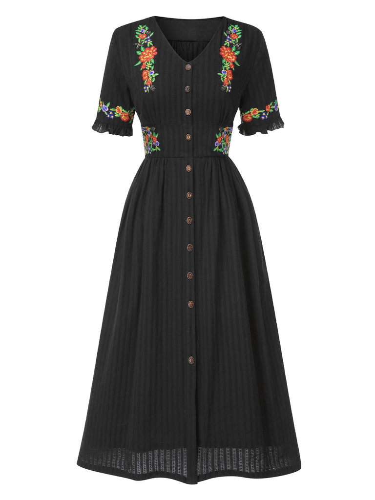 dark floral dress Vintage Western Style Embroidered Floral Sleeve Midi Dress Black 100% Cotton