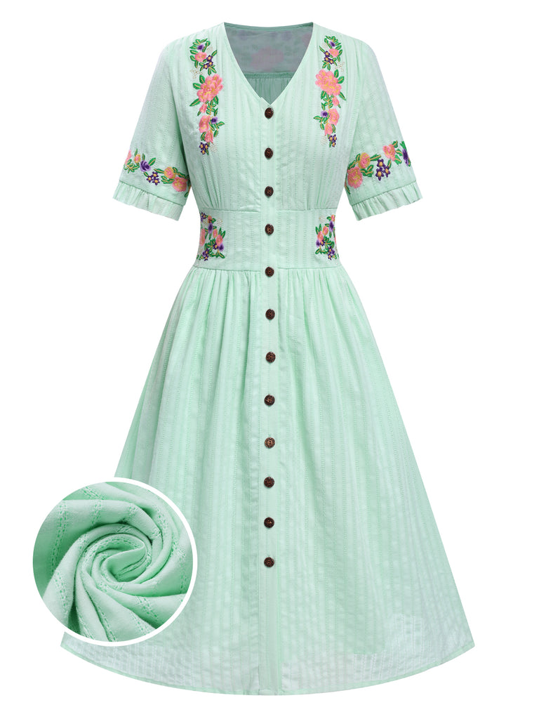 Retro Stage Embroidered Floral Midi Dress 100% Cotton Mint Green Retro Stage Embroidered Floral Midi Dress 100% Cotton Mint Green