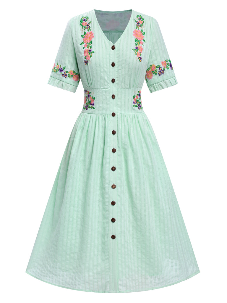 Pure Cotton Mint Green 1940s V-Neck Floral Dress | Retro Stage Pure Cotton Mint Green 1940s V-Neck Floral Dress | Retro Stage