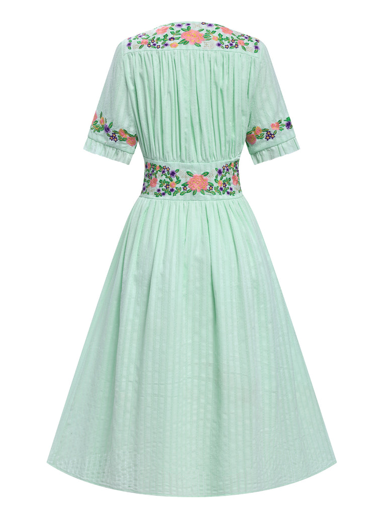 Pure Cotton Mint Green 1940s V-Neck Floral Dress | Retro Stage Pure Cotton Mint Green 1940s V-Neck Floral Dress | Retro Stage