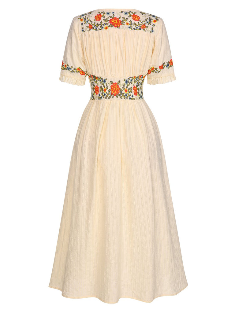 Western Cowgirl Dress Embroidered Floral Midi Dress 100% Cotton Western Cowgirl Dress Embroidered Floral Midi Dress 100% Cotton